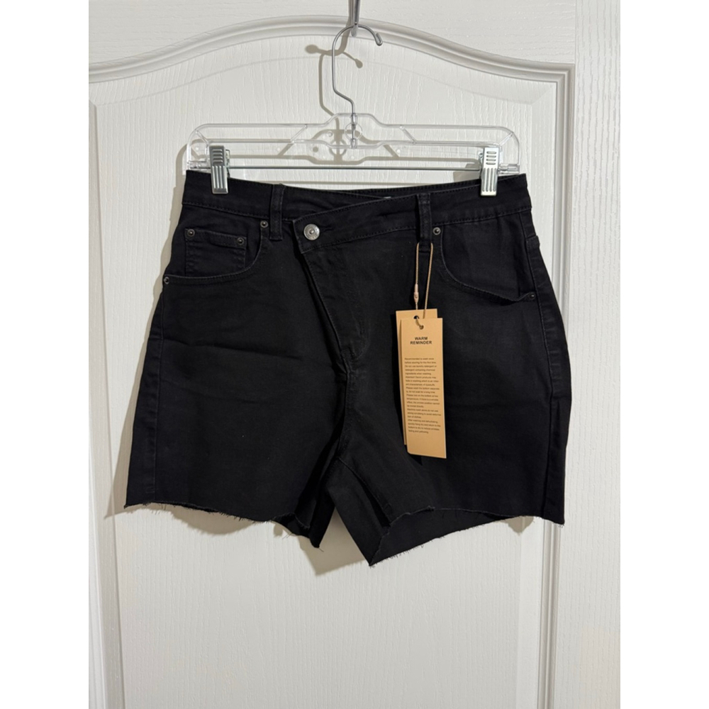 Women's Genleck Black Asymmetrical Waist Cutoff Jean Shorts M